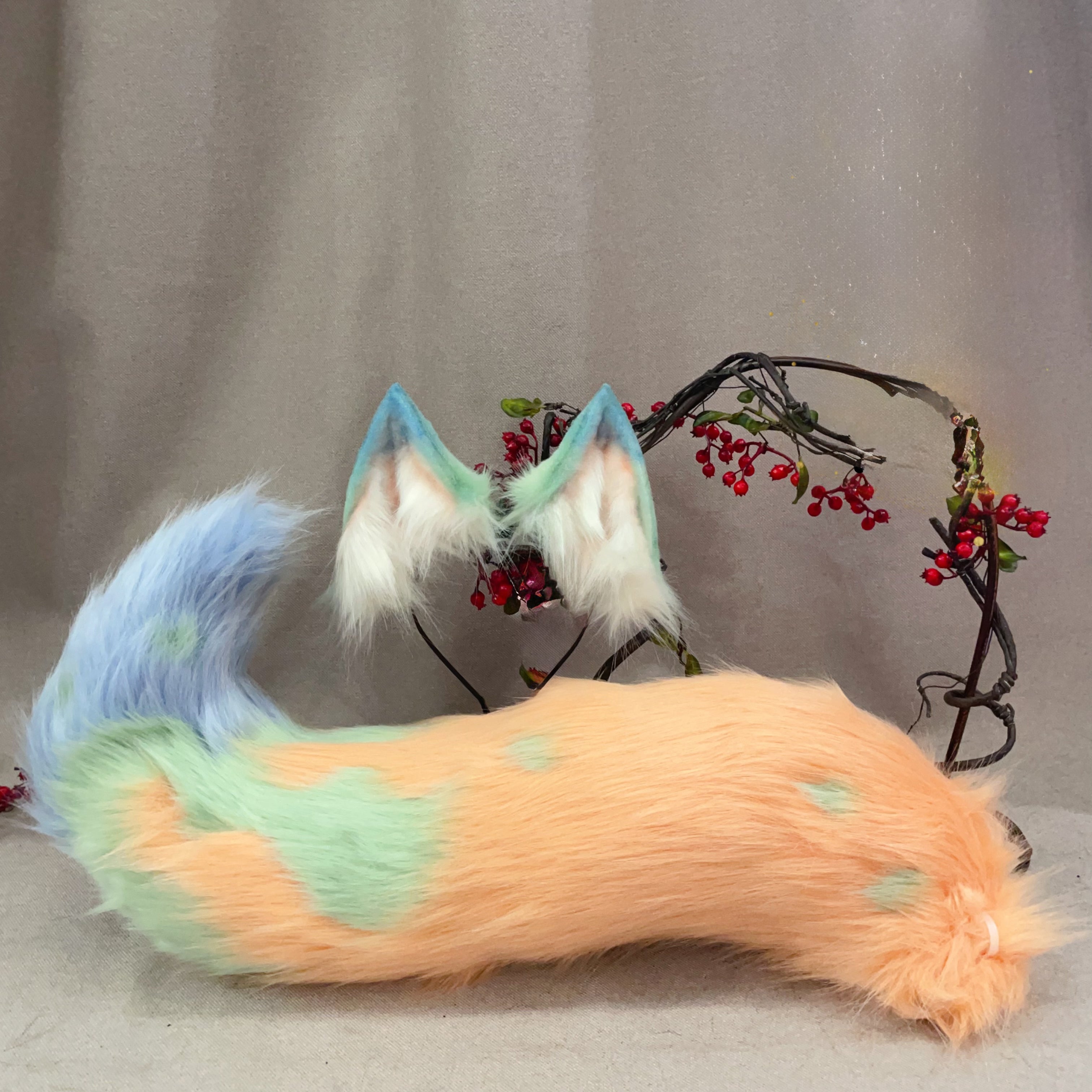 dress up,Artificial Fur-aquamarine Wolf ，Beast ears and tail